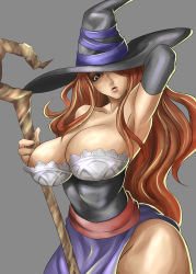 Rule 34 | 1girl, armpits, bare shoulders, breasts, brown eyes, brown hair, cleavage, curvy, detached sleeves, dragon&#039;s crown, dress, hat, hat over one eye, highres, large breasts, one eye covered, shibusun, side slit, solo, sorceress (dragon&#039;s crown), staff, strapless, strapless dress, vanillaware, witch hat