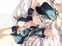 Rule 34 | 1girl, alternate costume, anastasia (fate), arms up, belt, between breasts, blue eyes, blue hat, blue necktie, blue shirt, blue skirt, blush, breasts, cleavage, closed mouth, collarbone, cuffs, fate/grand order, fate (series), hair over one eye, hat, large breasts, long hair, looking at viewer, lying, necktie, on back, open clothes, open shirt, peaked cap, rin yuu, shirt, short sleeves, silver hair, skirt, solo, thighs