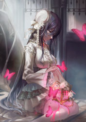 Rule 34 | 1girl, black hair, blurry, blurry background, bow, brown eyes, bug, butterfly, closed mouth, dress, flower, hair bow, hair flower, hair ornament, hat, idolmaster, idolmaster shiny colors, indoors, insect, layered dress, long hair, long sleeves, pleated dress, sayuumigi, shirase sakuya, short dress, sitting, solo, thighhighs, very long hair, white bow, white dress, white flower, white hat, white thighhighs