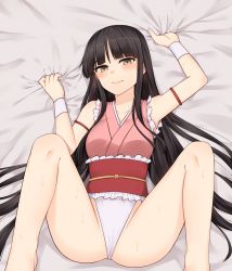 Rule 34 | 1girl, adapted costume, bare legs, bare shoulders, barefoot, bed sheet, black hair, blunt bangs, blush, commentary request, feet out of frame, hair spread out, highleg, highres, houraisan kaguya, japanese clothes, long hair, looking at viewer, lying, m legs, miyo (ranthath), obi, on back, sash, sheet grab, sleeveless, solo, touhou, very long hair, yellow eyes