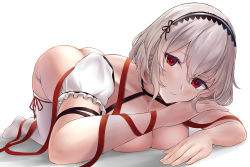Rule 34 | 1girl, absurdres, ass, azur lane, blush, breast press, breasts, butt crack, choker, cleavage, collarbone, detached sleeves, hair between eyes, highres, large breasts, looking at viewer, numaguro (tomokun0808), panties, panty pull, partially undressed, red eyes, short hair, short sleeves, sidelocks, sirius (azur lane), solo, top-down bottom-up, underwear, white hair, white legwear, white panties