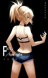 Rule 34 | 1girl, ass, bandeau, belt, black background, blonde hair, character name, copyright name, cowboy shot, cutoff jeans, cutoffs, denim, denim shorts, fate/apocrypha, fate (series), from behind, green eyes, half updo, hand on own hip, highres, legs apart, looking back, mizu (dl7613), mordred (fate), mordred (fate/apocrypha), mordred (memories at trifas) (fate), ponytail, scrunchie, shorts, simple background, sketch, thighhighs, wide stance