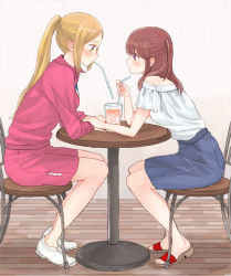 Rule 34 | 2girls, blue skirt, blush, chair, cup, drinking straw, drinking straw in mouth, eripiyo, eye contact, hand on another&#039;s arm, ichii maina, indoors, jacket, leaning forward, long hair, looking at another, multiple girls, oshi ga budoukan itte kuretara shinu, ponytail, profile, red jacket, s c k, sandals, shirt, shorts, sidelocks, sitting, skirt, table, track suit, two side up, white footwear, white shirt, wooden floor