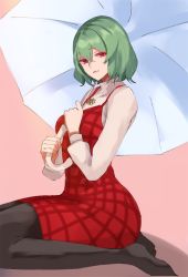 Rule 34 | 1girl, adapted costume, black pantyhose, closed mouth, dress, flower, green hair, hair between eyes, highres, holding, holding umbrella, jewelry, kazami yuuka, long sleeves, necklace, no shoes, pantyhose, plaid, plaid dress, red dress, red eyes, seiza, shirt, short hair, simple background, sitting, solo, tohoyuukarin, touhou, umbrella, white shirt, white umbrella