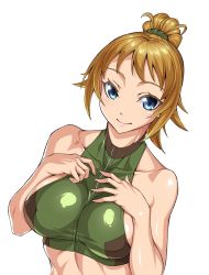 Rule 34 | 1girl, bare arms, bare shoulders, blue eyes, breasts, brown hair, closed mouth, collarbone, crop top, dutch angle, eyelashes, from above, gundam, gundam build fighters, gundam build fighters try, hair ornament, hair scrunchie, hands on own chest, highres, hoshino fumina, large breasts, looking at viewer, looking up, ozaneko, ponytail, scrunchie, sideboob, simple background, sleeveless, smile, solo, upper body, white background