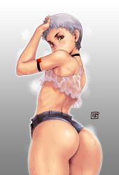 Rule 34 | 1boy, ass, choker, covered erect nipples, from behind, grey hair, heart, highres, huge ass, looking back, male focus, midriff, original, po-ju, see-through, short shorts, shorts, signature, solo, sweat, thick thighs, thighs, wet, yellow eyes