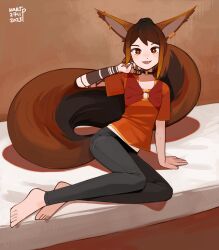 Rule 34 | 1girl, absurdres, animal ears, barefoot, body freckles, brown hair, collar, commentary, english commentary, freckles, highres, kart prowler, large tail, looking at viewer, on bed, original, signature, squirrel ears, squirrel girl, squirrel tail, tail