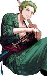 Rule 34 | 1boy, absurdres, black eyes, green hair, highres, holding, holding weapon, japanese clothes, katana, kimono, one eye closed, one piece, open clothes, patterned clothing, red sash, roronoa zoro, samurai, sash, scar, scar on chest, scar on face, short hair, simple background, solo, sword, weapon, white background, yadu nadu