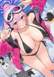 Rule 34 | 1girl, :o, absurdres, animal, bikini, bird, black bikini, blue archive, blush, breasts, collarbone, commentary request, down jacket, eimi (blue archive), eimi (swimsuit) (blue archive), glacier, goggles, goggles on head, halo, highres, ice, jacket, large breasts, long hair, looking at viewer, navel, official alternate costume, open clothes, open jacket, padded jacket, partially submerged, penguin, pink eyes, pink hair, pink halo, pink jacket, ponytail, side-tie bikini bottom, sidelocks, ski goggles, solo, swimsuit, water, yakihoko
