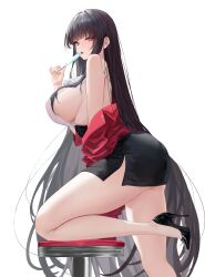 1girl absurdres alvitr_(azur_lane) alvitr_(muspel&#039;s_torrid_secrets)_(azur_lane) azur_lane backless_shirt bare_shoulders black_footwear black_hair black_skirt breasts chinese_commentary commentary_request dido_(magicc) food from_side high_heels highres holding holding_food holding_popsicle jacket large_breasts long_hair looking_at_viewer off_shoulder official_alternate_costume pencil_skirt popsicle red_eyes red_jacket rimless_eyewear round_eyewear shirt sideboob sideless_shirt simple_background skirt solo thick_thighs thighs tongue tongue_out underbutt very_long_hair white_background white_shirt