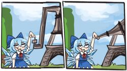 1girl :d arm_up blue_bow blue_dress blue_hair blue_sky bow bowtie cirno cirno_day cloud commentary crystal_wings detached_wings dress eiffel_tower english_commentary hair_bow ice ice_wings jitome kecchi0 looking_at_viewer open_mouth outdoors paris pinafore_dress puffy_short_sleeves puffy_sleeves red_bow red_bowtie short_hair short_sleeves sky sleeveless sleeveless_dress smile standing touhou tree upper_body wings