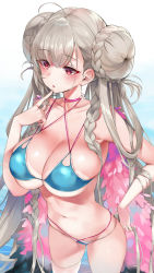 Rule 34 | 1girl, ahoge, azur lane, bare arms, bare shoulders, bikini, bikini tan, blue bikini, blush, braid, braided bun, breasts, choker, collarbone, commentary, cowboy shot, criss-cross halter, double bun, feather boa, finger to own chin, formidable (azur lane), formidable (the lady of the beach) (azur lane), gradient background, groin, hair between eyes, hair bun, halterneck, hand up, highres, large breasts, long hair, mirei, navel, parted lips, pink choker, red eyes, silver hair, single thighhigh, solo, standing, stomach, swimsuit, tan, tanline, thighhighs, thighs, twin braids, twintails, very long hair, water, white background, white thighhighs