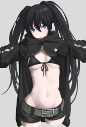 Rule 34 | 1girl, belt, bikini, bikini under clothes, black bikini, black coat, black gloves, black hair, black rock shooter, black rock shooter (character), black shorts, blue eyes, breasts, coat, cowboy shot, female focus, front-tie bikini top, front-tie top, gloves, grey background, highres, kaminari doon, long hair, long sleeves, looking at viewer, medium breasts, navel, open clothes, open coat, parted lips, short shorts, shorts, simple background, solo, standing, stitches, stomach, string bikini, swimsuit, twintails, upper body, very long hair