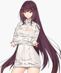 Rule 34 | 1girl, breasts, cleavage, cleavage cutout, closed mouth, clothing cutout, contrapposto, crossed arms, dress, fate/grand order, fate (series), large breasts, long hair, meme attire, open-chest sweater, purple hair, red eyes, ribbed sweater, scathach (fate), simple background, sino42, solo, sweater, sweater dress, very long hair