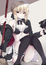 Rule 34 | 1girl, artoria pendragon (all), artoria pendragon (alter swimsuit rider) (fate), artoria pendragon (alter swimsuit rider) (second ascension) (fate), artoria pendragon (fate), ass, bikini, bikini top only, bikini under clothes, black bikini, black jacket, black thighhighs, blonde hair, braid, breasts, breasts apart, bridal garter, broom, detached collar, fate/grand order, fate (series), french braid, frilled bikini, frills, frown, gun, holding, holding broom, holding gun, holding weapon, jacket, knees up, long sleeves, looking at viewer, maid, maid bikini, maid headdress, medium breasts, neck ribbon, off shoulder, ribbon, ribbon-trimmed bikini, ribbon trim, rong yi tan, saber alter, shoes, short hair, sidelocks, sitting, solo, swimsuit, thigh strap, thighhighs, unconventional maid, weapon, yellow eyes