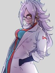 Rule 34 | 1girl, android 21, black-framed eyewear, breasts, checkered clothes, checkered dress, dragon ball, dragon ball fighterz, dress, earrings, glasses, grey background, hands in pockets, hoop earrings, jewelry, kemachiku, lab coat, long hair, looking at viewer, medium breasts, orange eyes, red ribbon army, simple background, solo, white hair