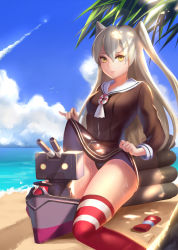 10s 1girl amatsukaze_(kancolle) bad_id bad_pixiv_id clothes_lift female_focus highres innertube kantai_collection long_hair looking_at_viewer machinery o_o panties rensouhou-kun ship_turret silver_hair sitting skirt skirt_lift solo stella_chen_yui striped_clothes striped_thighhighs sweat swim_ring thighhighs two_side_up underwear upskirt yellow_eyes