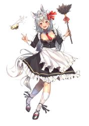 Rule 34 | 1girl, absurdres, ahoge, animal ears, ankle ribbon, apron, back bow, black dress, black footwear, black skirt, blush, bow, breasts, chee2222, cleavage, cup, detached collar, dress, duster, feather duster, frilled apron, frilled skirt, frills, full body, grey hair, hair bow, highres, holding, holding duster, kneehighs, korean commentary, large breasts, leg ribbon, long hair, long sleeves, maid, maid apron, maid headdress, messy hair, necktie, open mouth, original, red bow, red eyes, red necktie, ribbed legwear, ribbon, shoes, simple background, skirt, smile, socks, solo, standing, teacup, very long hair, white background, white bow, wrist cuffs