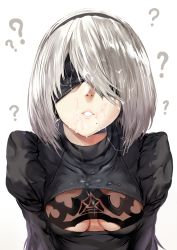Rule 34 | 1girl, ?, blindfold, breasts, cleavage, cum, cum on clothes, cum on hair, facial, facing viewer, hairband, hews, lips, mole, mole under mouth, nier (series), nier:automata, parted lips, penis, pov, short hair, silver hair, small breasts, solo, upper body, 2b (nier:automata)