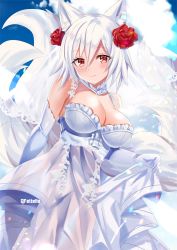 Rule 34 | 1girl, animal ears, artist name, blush, breasts, bride, cleavage, commission, dress, elbow gloves, felielle, flower, fox ears, fox tail, gloves, hair flower, hair ornament, highres, large breasts, looking at viewer, original, red eyes, red flower, red rose, rose, short hair, smile, solo, tail, twitter username, wedding dress, white dress, white gloves, white hair