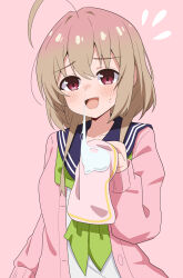 1girl absurdres ahoge blue_sailor_collar blush cardigan commentary flying_sweatdrops gradient_hair green_neckerchief handkerchief highres holding holding_handkerchief hosinonana light_brown_hair long_hair long_sleeves looking_at_viewer low_twintails multicolored_hair neckerchief nose_blush open_mouth pink_background pink_cardigan pink_hair puffy_long_sleeves puffy_sleeves purple_eyes raised_eyebrows reaching reaching_towards_viewer runny_nose sailor_collar school_uniform serafuku shikanoko_nokonoko_koshitantan simple_background smile snot snot_trail solo sweatdrop tanukikouji_kinu twintails white_serafuku