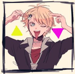 Rule 34 | 1boy, ;p, bear hair ornament, black shirt, blonde hair, blue eyes, border, choker, commentary request, danganronpa: trigger happy havoc, danganronpa (series), enoshima junko, genderswap, genderswap (ftm), hair ornament, hairclip, hands up, looking at viewer, male focus, messy hair, necktie, one eye closed, open mouth, red shirt, shirt, sketch, smile, solo, tarou (natyou), tongue, tongue out, upper body, white border