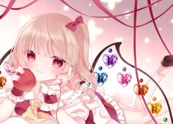 Rule 34 | 1girl, ankle socks, apple, ascot, black footwear, blonde hair, cacao (cacaomgmg), commentary request, fang, fingernails, flandre scarlet, floral background, food, foot out of frame, fruit, gradient background, hair ribbon, hand on own face, heart, holding, holding food, holding fruit, index finger raised, leg up, looking at viewer, lying, nail polish, no headwear, on stomach, one side up, petticoat, pink background, puffy short sleeves, puffy sleeves, purple background, red eyes, red nails, red skirt, red vest, ribbon, shirt, short hair, short sleeves, skin fang, skirt, smile, socks, solo, string, string of fate, touhou, vest, white shirt, white socks, wings, wrist cuffs, yellow ascot