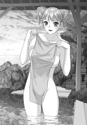 Rule 34 | 1girl, breasts, covered erect nipples, covering privates, fingernails, futanari, greyscale, hanabusu arisu, highres, kagosaka mahiro, large breasts, lipstick, looking at viewer, makeup, monochrome, my doll house, naked towel, newhalf, nude, nude cover, original, partially submerged, smile, solo, standing, towel, wading, yui toshiki