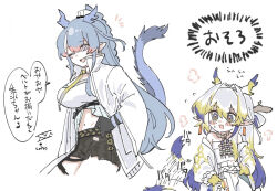 Rule 34 | 2girls, arknights, bandeau, bare shoulders, belt, black belt, black shorts, blonde hair, blue hair, blush stickers, coat, collared coat, crop top, cropped legs, dragon girl, dragon horns, dragon tail, flying sweatdrops, green eyes, grey hair, hair between eyes, hair intakes, hand on own hip, high collar, horns, jacket, jewelry, ling (arknights), long hair, long sleeves, looking down, looking to the side, midriff, motion lines, multicolored hair, multiple girls, navel, necklace, nervous, notice lines, off shoulder, one eye closed, open clothes, open coat, open jacket, open mouth, pointy ears, purple eyes, shorts, shu (arknights), siblings, simple background, sisters, sketch, sound effects, speech bubble, split mouth, strapless, streaked hair, sweatdrop, tail, tail raised, tail wagging, translation request, tube top, white background, white bandeau, white belt, white coat, white jacket, white tube top, wide sleeves, yunomi (yunomi1129)