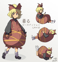 Rule 34 | 1girl, black footwear, blonde hair, bow, brown bow, brown dress, brown eyes, closed mouth, commentary request, dated, dress, full body, grey background, hair bow, highres, kurodani yamame, long sleeves, looking at viewer, multiple views, puffy dress, short hair, simple background, smile, socks, syope, touhou, translation request, twitter username, white socks