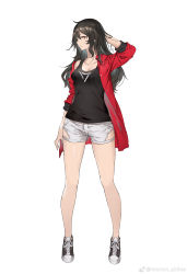 Rule 34 | 1girl, absurdres, arm at side, arm up, bare legs, black hair, breasts, cleavage, hair between eyes, highres, jacket, medium breasts, mogumo, off shoulder, open clothes, open jacket, parted lips, profile, red eyes, shoes, short shorts, shorts, simple background, sneakers, solo, tank top, tokoshie bullet, white background
