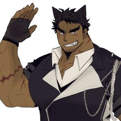 Rule 34 | 1boy, animal ears, bara, black hair, cat boy, cat ears, chain, dark-skinned male, dark skin, dog 1900, facial hair, fang, fang out, fingerless gloves, gloves, goatee stubble, grin, highres, huge eyebrows, huge pectorals, looking at viewer, male focus, mature male, multiple scars, original, red eyes, sanpaku, scar, short hair, sideburns stubble, smile, solo, spiked hair, stubble, thick neck, tsurime, upper body, veins, veiny arms, white background