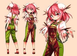 Rule 34 | 1girl, adapted costume, ahoge, ass, bandaged arm, bandages, beige background, blush, breasts, bun cover, chain, commentary request, cowboy shot, cuffs, double bun, flower, from behind, full body, green overalls, hair between eyes, hair bun, hand on own hip, hand up, ibaraki kasen, looking at viewer, looking back, multiple views, overalls, parted lips, pink flower, pink hair, pink rose, puffy short sleeves, puffy sleeves, red eyes, red footwear, rose, shackles, shimizu pem, shirt, shoes, short hair, short sleeves, simple background, small breasts, standing, thighs, touhou, v-shaped eyebrows, white shirt