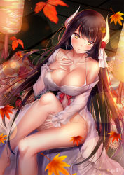 Rule 34 | 1girl, alternate costume, autumn leaves, azur lane, bare shoulders, barefoot, black hair, blunt bangs, blush, breasts, cleavage, closed mouth, collarbone, detached sleeves, flower, groin, hair flower, hair ornament, halterneck, hand on own chest, hand on own thigh, hiei (azur lane), hiei (moonlit cruise) (azur lane), highres, holding, holding own hair, horns, knee up, lantern, large breasts, leaf, long hair, long sleeves, looking at viewer, night, off shoulder, panties, paper lantern, petals, red ribbon, rei no himo, ribbon, signature, sitting, sleepwear, smile, solo, thighs, underwear, wagasi (wagasi157), yellow eyes