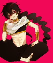 Rule 34 | 1boy, 4 (nakajima4423), bad id, bad pixiv id, bangle, bracelet, brown hair, indian style, jewelry, judal, long hair, magi the labyrinth of magic, male focus, midriff, navel, ponytail, red background, red eyes, simple background, sitting, solo