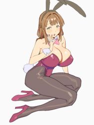 Rule 34 | 1girl, absurdres, animal ears, arm rest, bare shoulders, black pantyhose, blush, breasts, brown hair, cleavage, detached collar, fake animal ears, from side, full body, high heels, highres, huge breasts, imamura ryou, kneeling, kotobuki mayuki, leotard, long hair, looking to the side, low-tied long hair, nail polish, open mouth, pantyhose, playboy bunny, purple footwear, purple leotard, purple nails, rabbit ears, seitokai nimo anawa aru!, sideways glance, simple background, smile, solo, strapless, strapless leotard, twisted torso, white background, wrist cuffs, yellow eyes