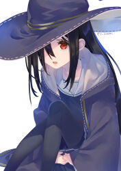 Rule 34 | 1girl, black hair, black hat, black pantyhose, hat, heaven burns red, highres, large hat, long hair, one eye covered, pantyhose, pleated skirt, red eyes, satomi yoshitaka, skirt, solo, tenne miko, white background, witch hat