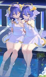 Rule 34 | 2girls, ;), bare shoulders, barefoot, blue eyes, blue hair, closed mouth, commentary request, dress, falken (yutozin), gloves, halo, looking at viewer, multiple girls, one eye closed, original, short hair, siblings, sitting, smile, twins, wading, white dress, white gloves