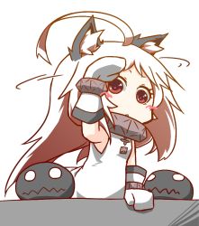 Rule 34 | 10s, 1girl, abyssal ship, ahoge, animal ears, blush stickers, cat ears, chibi, dress, inori (xyz5568), jewelry, kantai collection, kemonomimi mode, long hair, looking at viewer, lots of jewelry, mittens, northern ocean princess, pale skin, red eyes, silver hair, solo focus, white dress