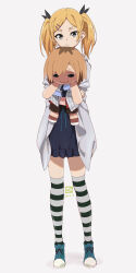 Rule 34 | 1girl, :/, blonde hair, cardigan, character doll, commentary request, dress, full body, grey eyes, hair ornament, hairclip, highres, holding, holding stuffed toy, looking at viewer, miyahara takuya, miyamori aoi, mole, mole under eye, open cardigan, open clothes, shirobako, shoes, sneakers, solo, striped clothes, striped thighhighs, stuffed toy, thighhighs, twintails, yano erika
