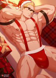 Rule 34 | 1boy, abs, alternate costume, bara, biceps, bulge, christmas, creatures (company), crestren, feet out of frame, game freak, hand on own neck, hat, highres, jockstrap, large bulge, large pectorals, lying, male focus, male underwear, muscular, muscular male, navel, nintendo, nipples, on back, pectorals, pokemon, pokemon hgss, red male underwear, santa costume, santa hat, short hair, solo, stomach, sunglasses, surge (pokemon), suspenders, thick thighs, thighs, topless male, underwear