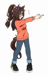 Rule 34 | 1girl, absurdres, animal ears, appleq, black footwear, blue eyes, blue pants, brown hair, commentary request, el condor pasa (umamusume), eye mask, finger gun, full body, grey background, grin, highres, horse ears, horse girl, horse tail, looking away, orange sweater, outstretched arms, pants, ponytail, shoes, simple background, smile, sneakers, solo, sweater, tail, umamusume