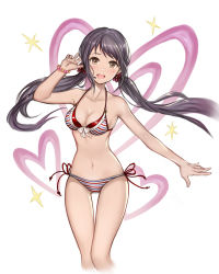 Rule 34 | 1girl, bikini, black hair, blush, breasts, brown eyes, cleavage, heart, idolmaster, idolmaster cinderella girls, idolmaster cinderella girls starlight stage, long hair, looking at viewer, low twintails, medium breasts, nakano yuka, navel, redamon, smile, solo, striped bikini, striped clothes, swimsuit, twintails