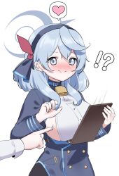 Rule 34 | !?, 1boy, 1girl, ako (blue archive), blue archive, blue eyes, blue hair, blush, breast poke, breasts, clipboard, commentary request, earrings, embarrassed, false smile, hair between eyes, hairband, halo, heart, highres, holding, holding clipboard, ine (ineinnen), jewelry, large breasts, long hair, long sleeves, looking at viewer, offscreen person, pointing, poking, revision, sensei (blue archive), sideboob, sidelocks, simple background, smile, spoken heart, white background