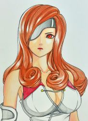 Rule 34 | 1girl, absurdres, akaho (choco daisuki), beatrix, breasts, brown eyes, brown hair, cleavage, colored pencil (medium), commentary request, eyepatch, final fantasy, final fantasy ix, highres, large breasts, long hair, solo, traditional media