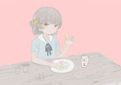 Rule 34 | 1girl, asasow, black ribbon, brown hair, candy, closed mouth, commentary request, cup, drinking glass, eating, food, full mouth, hair ornament, hand up, hatoba tsugu, holding, holding candy, holding food, looking at viewer, milk, neck ribbon, pink background, plate, ribbon, sailor collar, short sleeves, simple background, single hair ring, smile, solo, star (symbol), star hair ornament, table, tsugu (vtuber), upper body, virtual youtuber, white sailor collar