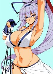 Rule 34 | 1girl, arm up, armpits, arrow (projectile), bikini, blue eyes, blunt bangs, blush, bow (weapon), breasts, cleavage, closed mouth, collarbone, colorized, cowboy shot, curvy, gloves, greyscale, groin, hair between eyes, hair ribbon, hairband, high ponytail, highres, huge breasts, large breasts, long hair, looking at viewer, majikina mina, monochrome, navel, panties, partially fingerless gloves, partly fingerless gloves, ponytail, quiver, ribbon, samurai spirits, sarong, single glove, snk, solo, stomach, swimsuit, underwear, very long hair, weapon, white hair, white panties, wide hips, yasakani an, yugake