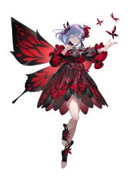 Rule 34 | 1girl, aqua eyes, black socks, breasts, bug, butterfly, butterfly wings, buttons, dress, floating, full body, hand up, head tilt, highres, iida100ii, insect, insect wings, looking at viewer, medium hair, original, parted lips, purple hair, red butterfly, red dress, red theme, red wings, simple background, small breasts, socks, solo, standing, tachi-e, toeless legwear, white background, wide sleeves, wings