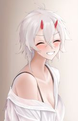 Rule 34 | 1girl, ^ ^, antenna hair, azur lane, blush, bra strap, breasts, character request, cleavage, closed eyes, commentary request, grey background, grin, hair between eyes, highres, horns, jakqbigone, large breasts, medium breasts, off shoulder, shirt, short hair, single bare shoulder, smile, solo, upper body, white hair, white shirt