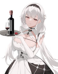 Rule 34 | 1girl, absurdres, alcohol, azur lane, bottle, breasts, cleavage, closed mouth, condom, condom wrapper, cup, dress, drinking glass, elbow gloves, flower, gloves, hair flower, hair ornament, highres, holding, holding tray, large breasts, licking lips, long hair, looking at viewer, maid, maid headdress, red eyes, scylla (azur lane), simple background, smile, solo, tongue, tongue out, tray, white background, white dress, white gloves, white hair, whitehartlane13, wine, wine bottle, wine glass